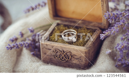 Wedding rings with gemstone resting in rustic wooden box with lavender sprigs 123544561
