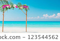 Wedding arch decorated with orchids and palm leaves stands on tropical beach 123544562