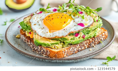 Delicious avocado toast topped with a sunny-side-up egg and fresh garnishes served on a rustic plate Delicious avocado toast topped with a sunny-side-up egg and fresh garnishes served on a rustic plate 123544579