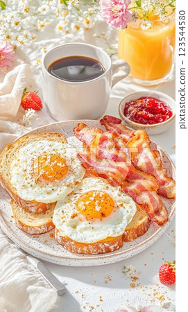 Enjoy a delicious breakfast featuring eggs, bacon, toast, and fresh fruit in a bright, sunny setting Enjoy a delicious breakfast featuring eggs, bacon, toast, and fresh fruit in a bright, sunny setting 123544580