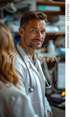 Male medical professional smiling while collaborating with colleagues in a healthcare environment 123544702