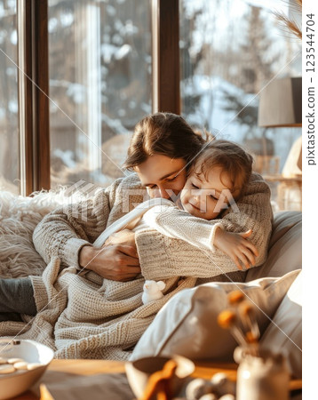 Warm embrace shared between parent and child inside cozy living room during winter afternoon 123544704