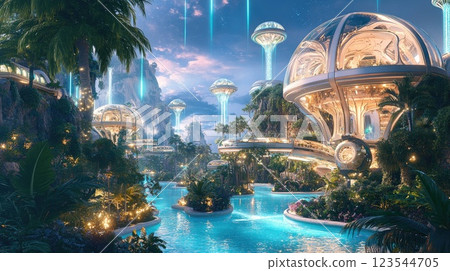 Futuristic cityscape with glowing domes and vibrant nature under twilight sky 123544705