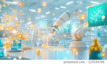 Robot arm conducting experiments in a futuristic laboratory with animated particles and vibrant liquids 123544706
