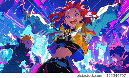 Dynamic urban dance party in a vibrant neon-lit street at night with energetic performers showcasing their skills 123544707