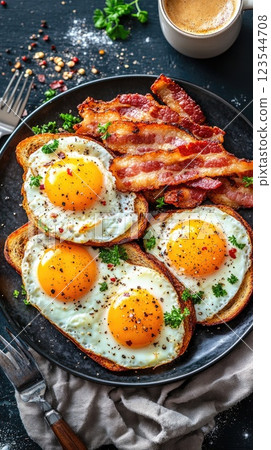 Delicious breakfast plate with sunny side up eggs and crispy bacon served on dark table 123544708