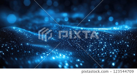Abstract digital landscape with glowing blue lights and intricate patterns in a dark background Abstract digital landscape with glowing blue lights and intricate patterns in a dark background 123544709