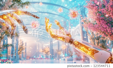 Artificial intelligence and robotic hands reaching out in a futuristic garden with colorful particles 123544711