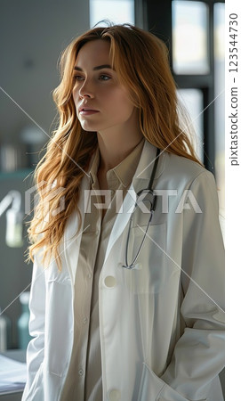 Medical professional in a clinic reflecting on patient care during daylight hours Medical professional in a clinic reflecting on patient care during daylight hours 123544730