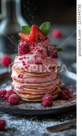 Fluffy pancakes stacked high with berry cream and fresh fruit on a rustic plate 123544738