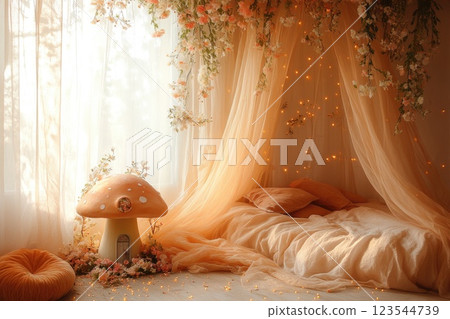 Cozy bedroom with mushroom decor and enchanting flower arrangements in soft light Cozy bedroom with mushroom decor and enchanting flower arrangements in soft light 123544739