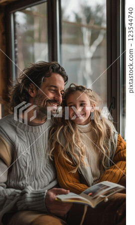 Father and daughter share a joyful moment together indoors during winter Father and daughter share a joyful moment together indoors during winter 123544740