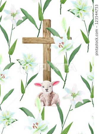 Wooden cross with crown of thorns, lily garland and a lamb watercolor seamless pattern isolated on white. Illustration perfect for Easter, Holy Thursday, baptism, wedding cards, stickers decor design Wooden cross with crown of thorns, lily garland and a lamb watercolor seamless pattern isolated on white. Illustration perfect for Easter, Holy Thursday, baptism, wedding cards, stickers decor design 123544753