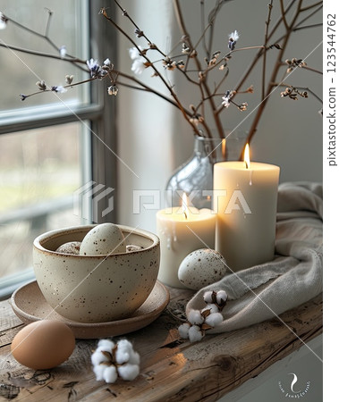 Beautiful spring-inspired arrangement with decorative eggs and candles on a cozy wooden table by the window Beautiful spring-inspired arrangement with decorative eggs and candles on a cozy wooden table by the window 123544762