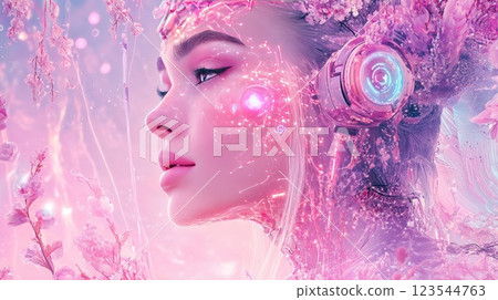 Portrait of a futuristic woman with glowing headphones in a floral enchanted background 123544763