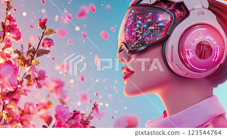 Futuristic woman in high-tech headphones surrounded by blooming cherry blossoms 123544764