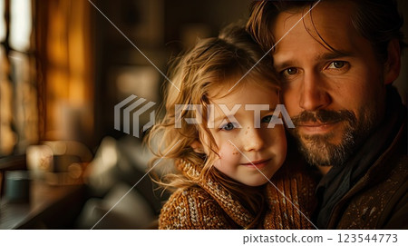 Joyful moment between father and daughter captured indoors during golden hour in a cozy setting 123544773