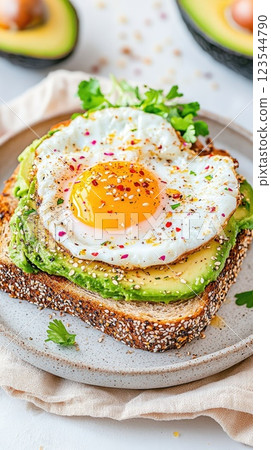 Delicious avocado toast topped with a sunny side up egg and fresh herbs on a rustic plate Delicious avocado toast topped with a sunny side up egg and fresh herbs on a rustic plate 123544790