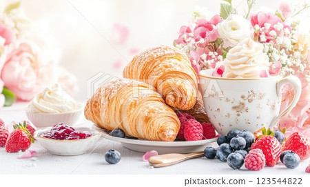 Delicious breakfast featuring croissants, fresh berries, and a creamy dessert in a floral setting 123544822
