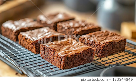 Freshly baked brownies cooling on a wire rack in a cozy kitchen 123544849