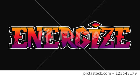 The word Energize bursts from the black background in a striking orange and purple graffiti style. The word Energize bursts from the black background in a striking orange and purple graffiti style. 123545179