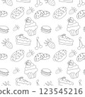 Sweet doodle is a seamless pattern of candies, muffins, goodies, pies and berries. Culinary background, wallpaper, packaging for pastry shops, coloring book, black and white. 123545216