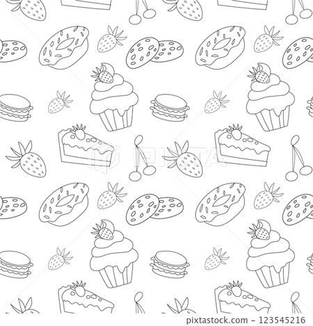 Sweet doodle is a seamless pattern of candies, muffins, goodies, pies and berries. Culinary background, wallpaper, packaging for pastry shops, coloring book, black and white. Sweet doodle is a seamless pattern of candies, muffins, goodies, pies and berries. Culinary background, wallpaper, packaging for pastry shops, coloring book, black and white. 123545216