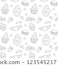 Sweet doodle is a seamless pattern of candies, muffins, goodies, pies and berries. Culinary background, wallpaper, packaging for pastry shops, coloring book, black and white. 123545217