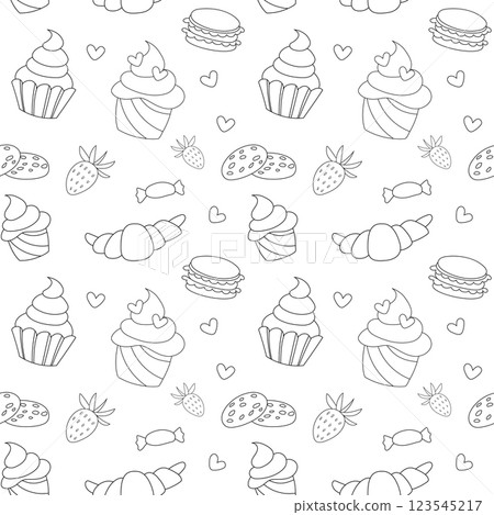 Sweet doodle is a seamless pattern of candies, muffins, goodies, pies and berries. Culinary background, wallpaper, packaging for pastry shops, coloring book, black and white. 123545217
