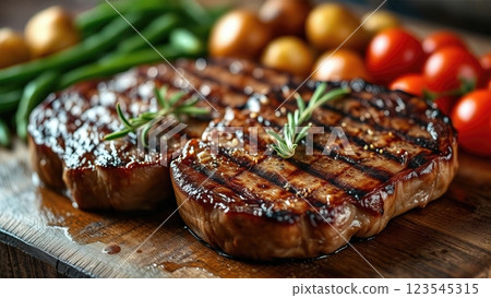 Rustic Grilled Steaks with Fresh Vegetables on Wooden Platter 123545315