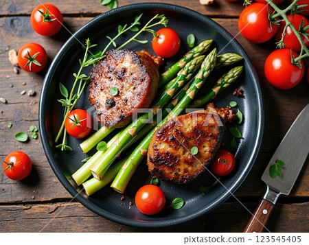 Rustic Gourmet Plate with Grilled Meat, Asparagus, and Roasted Cherry Tomatoes 123545405