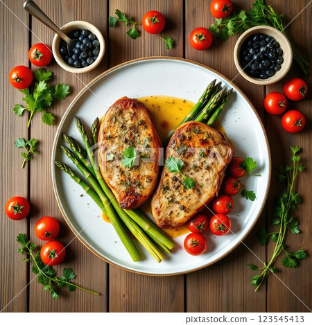 Rustic Gourmet Plate with Grilled Meat, Asparagus, and Roasted Cherry Tomatoes Rustic Gourmet Plate with Grilled Meat, Asparagus, and Roasted Cherry Tomatoes 123545413