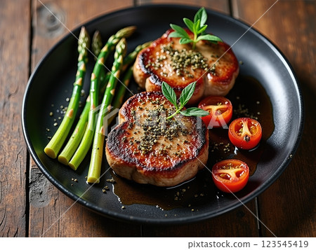 Rustic Gourmet Plate with Grilled Meat, Asparagus, and Roasted Cherry Tomatoes 123545419