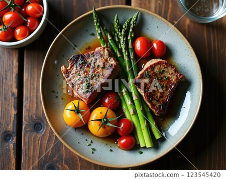 Rustic Gourmet Plate with Grilled Meat, Asparagus, and Roasted Cherry Tomatoes 123545420