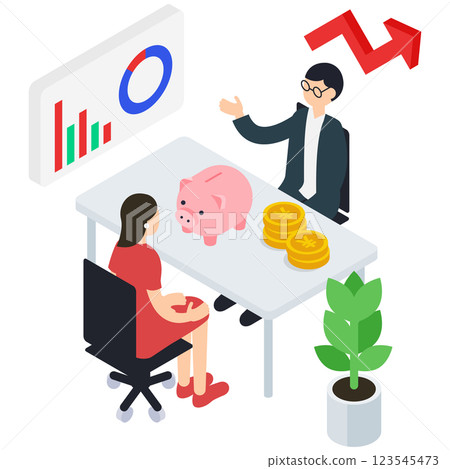 Isometric illustration of a woman consulting with a male financial planner 123545473