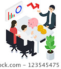 Isometric illustration of a couple consulting with a male financial planner 123545475