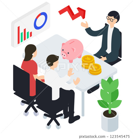 Isometric illustration of a couple consulting with a male financial planner 123545475