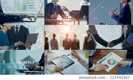 Collage image of various business scenes and statistical data 123545567