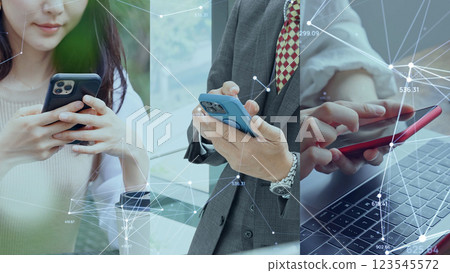 人們使用智慧型手機和通訊網路的拼貼圖 123545572