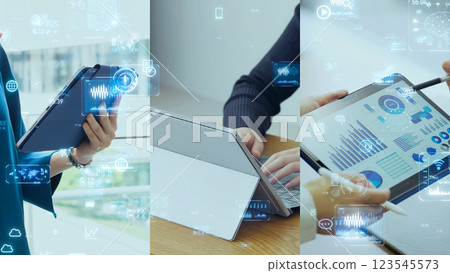 Collage image of people using tablets and digital data 123545573