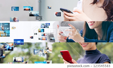 Collage image of people using smartphones and video content 123545583