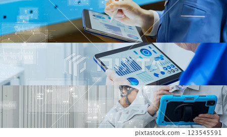 Collage image of engineers using tablets and digital data 123545591