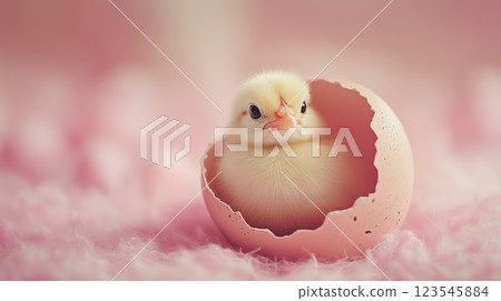 Cute Baby Chick Hatching from Pink Egg on Soft Background Cute Baby Chick Hatching from Pink Egg on Soft Background 123545884