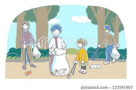 Illustration of people picking up trash in the park 123545907