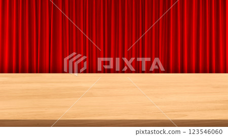 An empty wooden table stands out against a red curtain background. 123546060