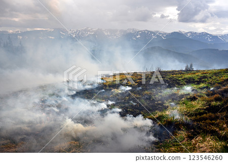 Smoke and flames rising from the burning mountains Smoke and flames rising from the burning mountains 123546260