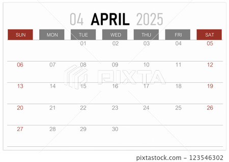 Calendar page for April 2025 year isolated on white background. 123546302