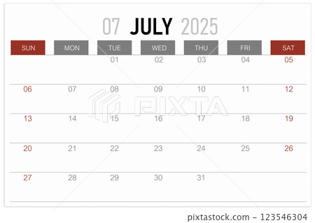 Calendar page for July 2025 year isolated on white background. Calendar page for July 2025 year isolated on white background. 123546304