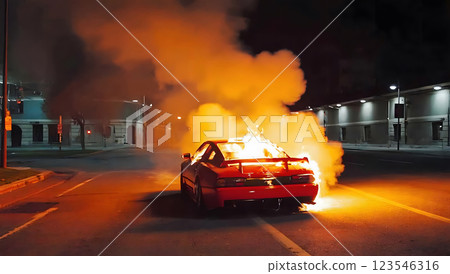 The front of the car is engulfed in bright flames, with thick black smoke rising into the sky. 123546316