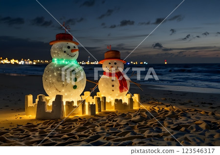 Smiling snowman on the sea beach. Holiday concept can be used for New Year and Christmas Cards 123546317